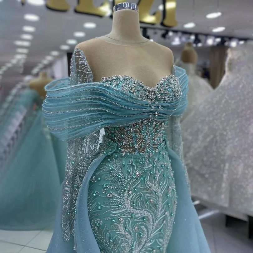 Arabic Blue Beaded Evening Dress Long Sleeves Bow Front Overlay Saudi Style Gown - 图片 3