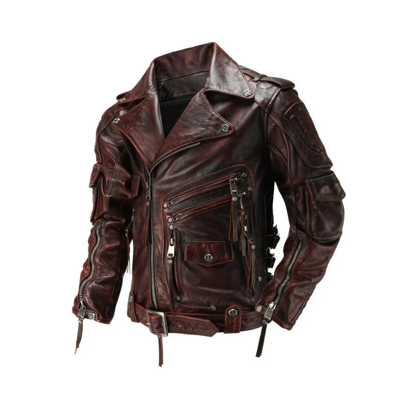 Copersian Men's Natural Leather Motorcycle Jacket Top Layer Causal Vintage Retro