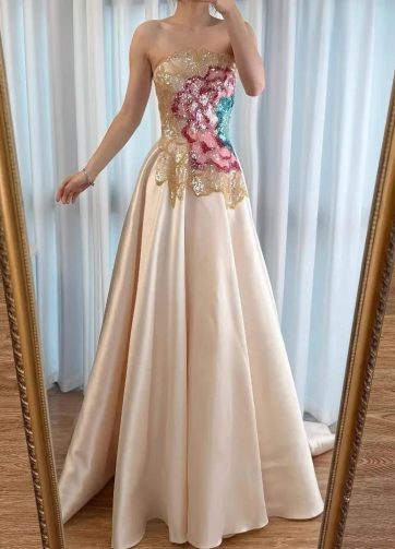 Luxury Strapless Beige Satin A-Line Evening Dress with Sequin Bodice and Detacha
