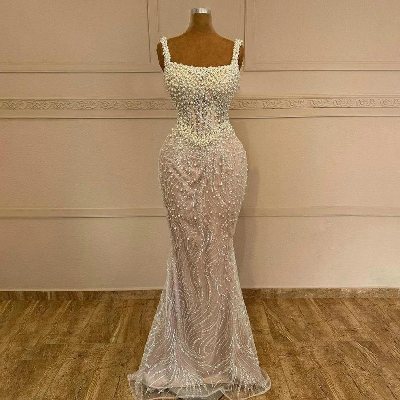 SERENE HILL Customized White Nude Sleeveless Mermaid Evening Dress Gown Luxury P