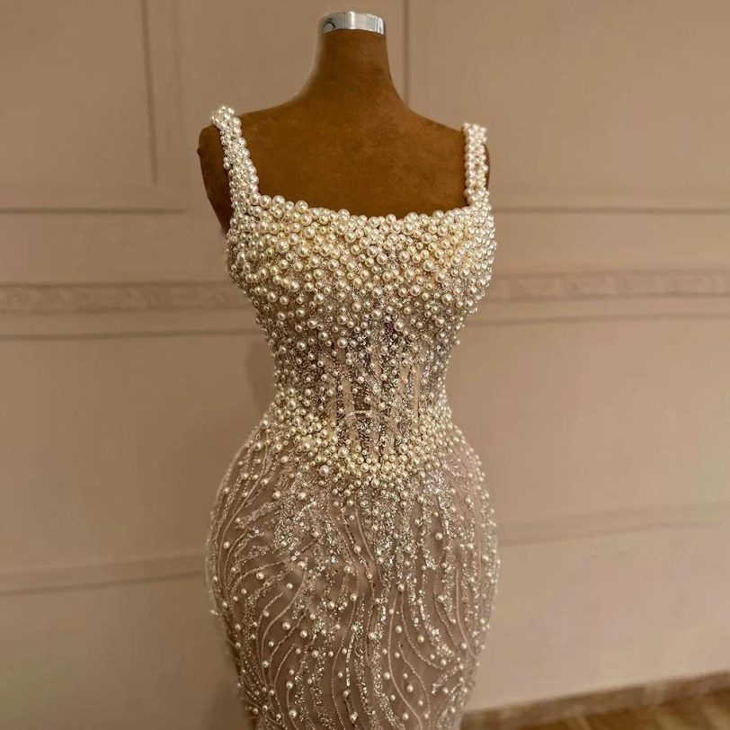 SERENE HILL Customized White Nude Sleeveless Mermaid Evening Dress Gown Luxury P - 图片 5